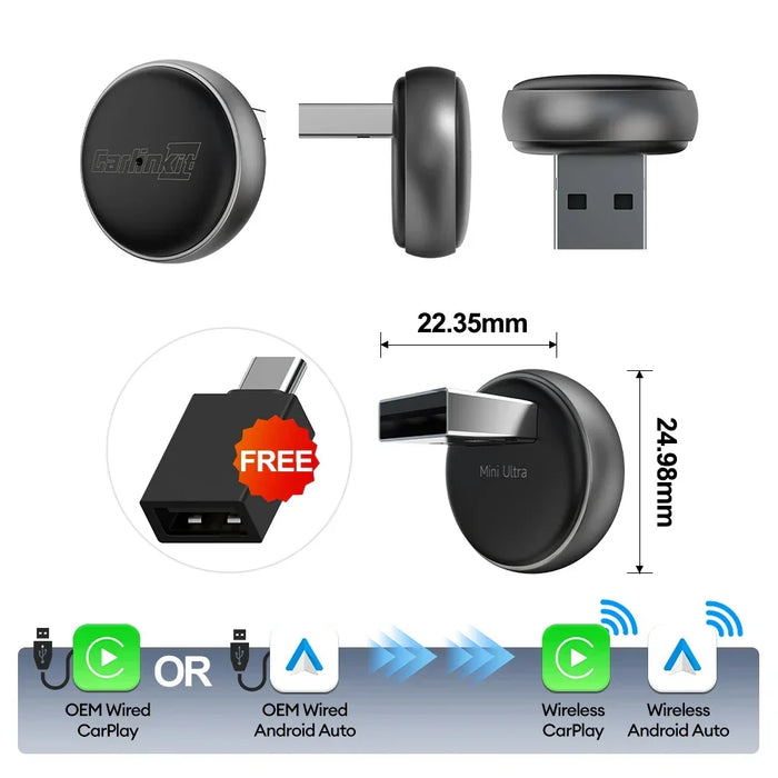 Wireless CarPlay Android Auto Adapter Mini 2-In-1 Plug And Play 5.8GHz WiFi Auto Connect OTA Upgrade Fall 2025 Gift