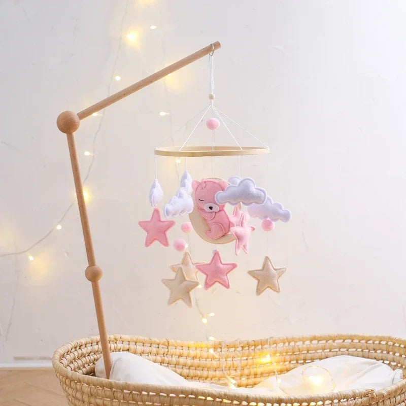 Wooden Crib Mobile Felt Bear Musical Newborn Sensory Toys