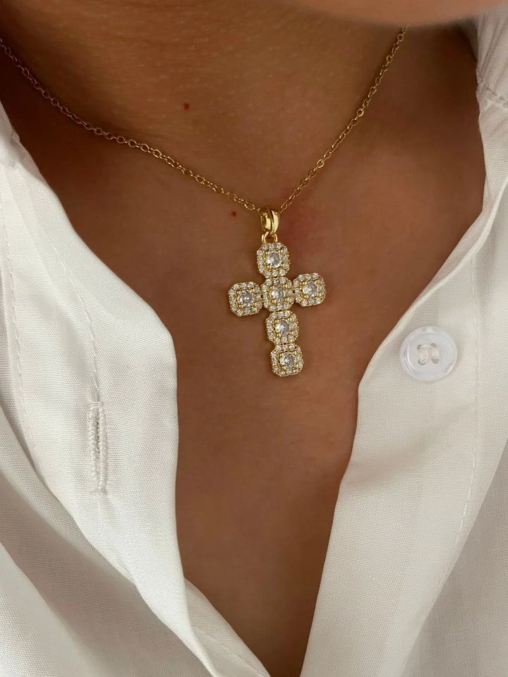 Cross Pendant Necklace Gold Tone - Cubic Zirconia jewellery, Stainless Steel Chain, Fall 2026 Gift Idea