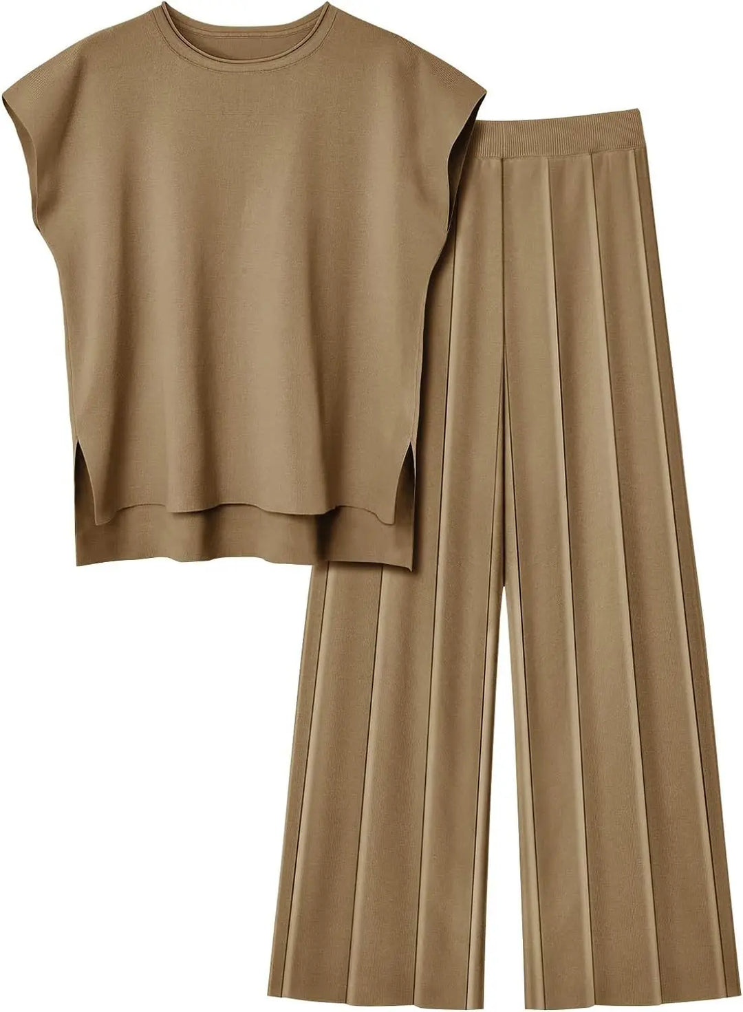 Soft Relaxed Women’s Two-Piece Trouser Set – Sleeveless Round-Neck Knit Top, High-Waist Wide-Leg Trousers For Summer