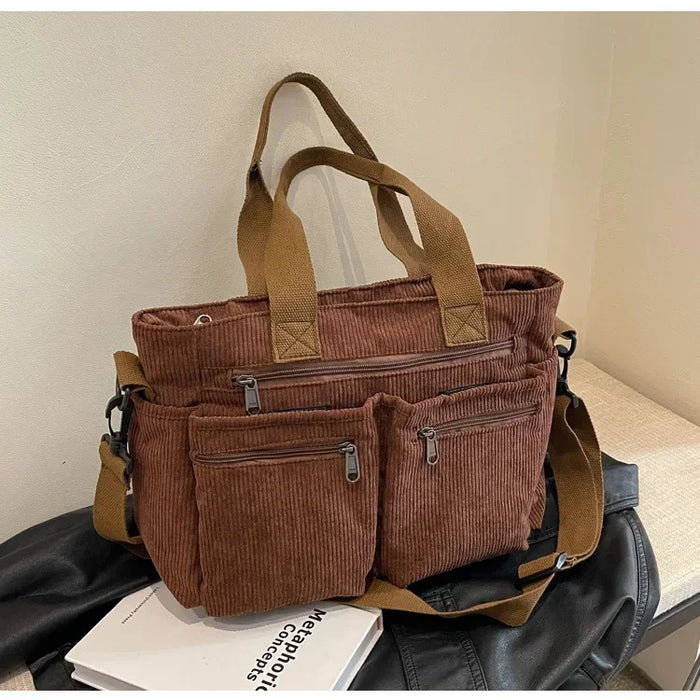 Relaxed women's corduroy messenger bag – multi-pocket, casual commuter tote, oversized