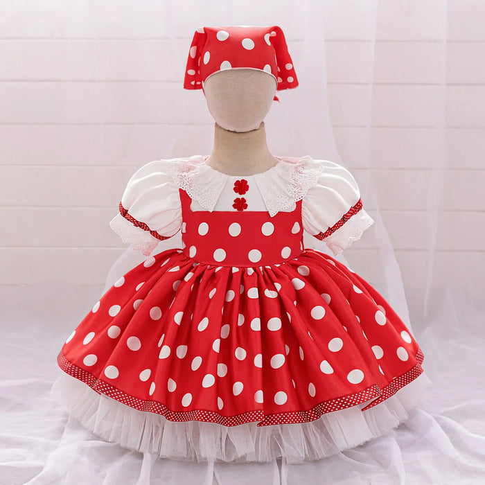 Soft, flattering baby girl's maid dress - knee-length, lace-trimmed pinafore-style, polyester, viscose, birthday party