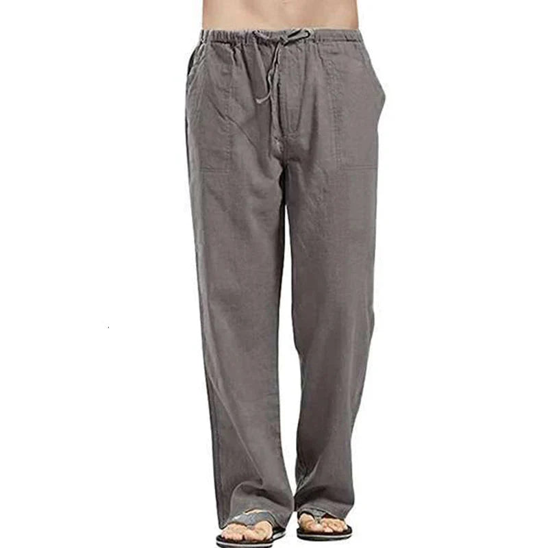Solid colour Multi-Pocket Linen Men Trousers - Casual Breathable Summer Trouser, Large Size