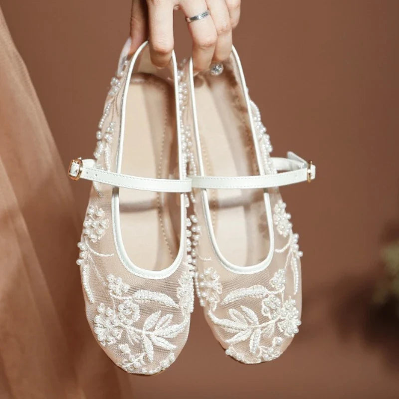 Lightweight Women’s Ballet Flats - Mary Jane Mesh, Beaded