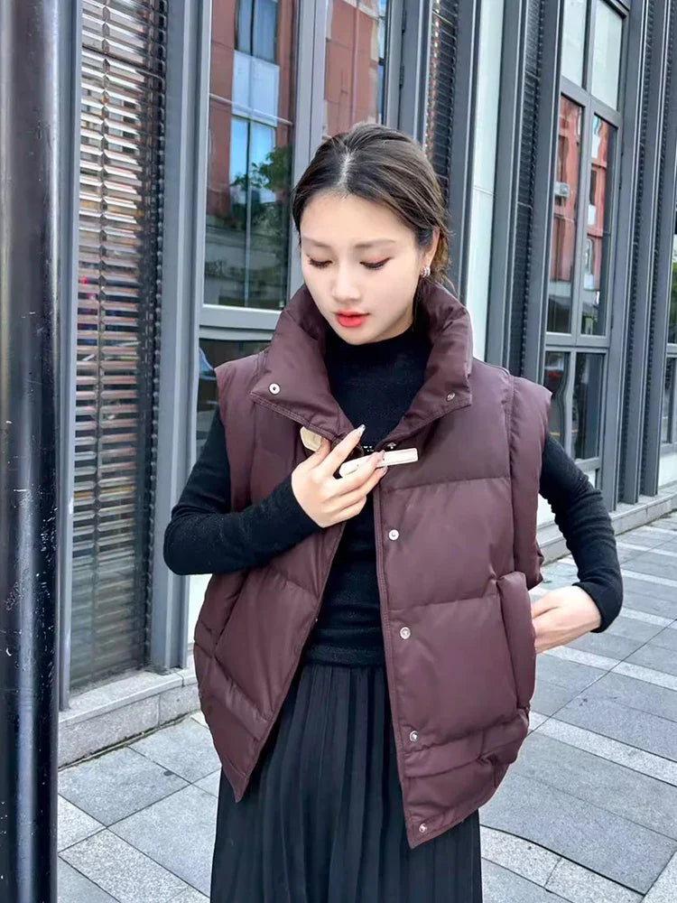 Warm Women’s Down Vest - Cropped Boxy, PU, Winter Layering