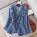 Women's Denim Blazer with Notched Lapel and Button Closure, Structured Cut for Casual and Semi-Formal Wear