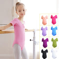Soft girls' ballet leotard - short sleeve v-neck ruched, cotton knit, for dance practice and classic classes