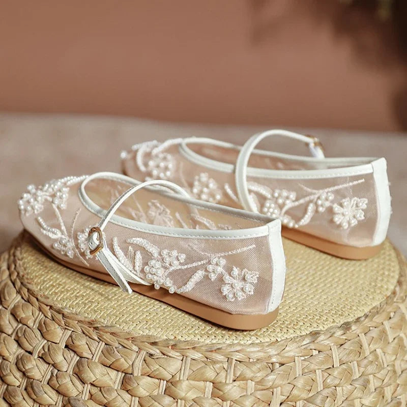 Lightweight Women’s Ballet Flats - Mary Jane Mesh, Beaded