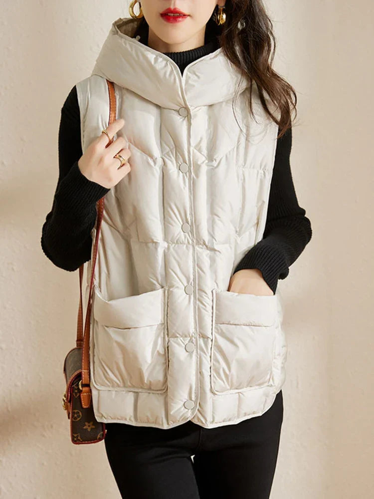 Lightweight Women’s Hooded Down Vest - Quilted Midlength