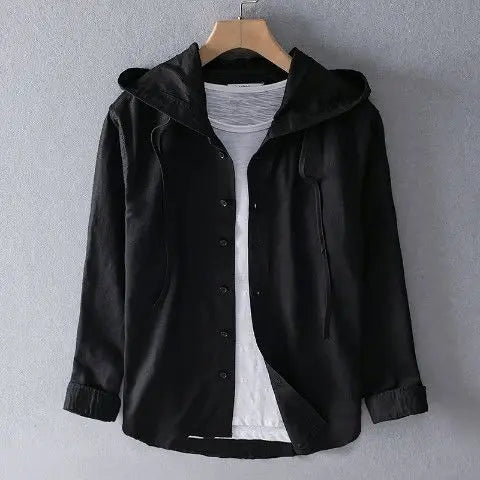 Spring Summer Solid colour Hooded Cotton Hemp Shirt Man Casual Cardigan