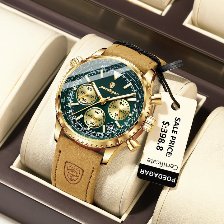 Quartz Chronograph Watch Waterproof Luminous Date Leather