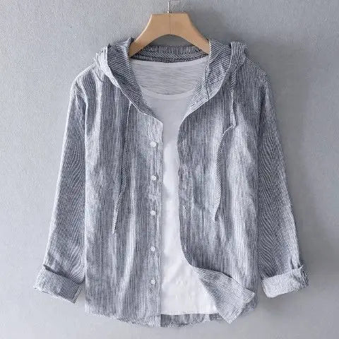 Spring Summer Solid colour Hooded Cotton Hemp Shirt Man Casual Cardigan