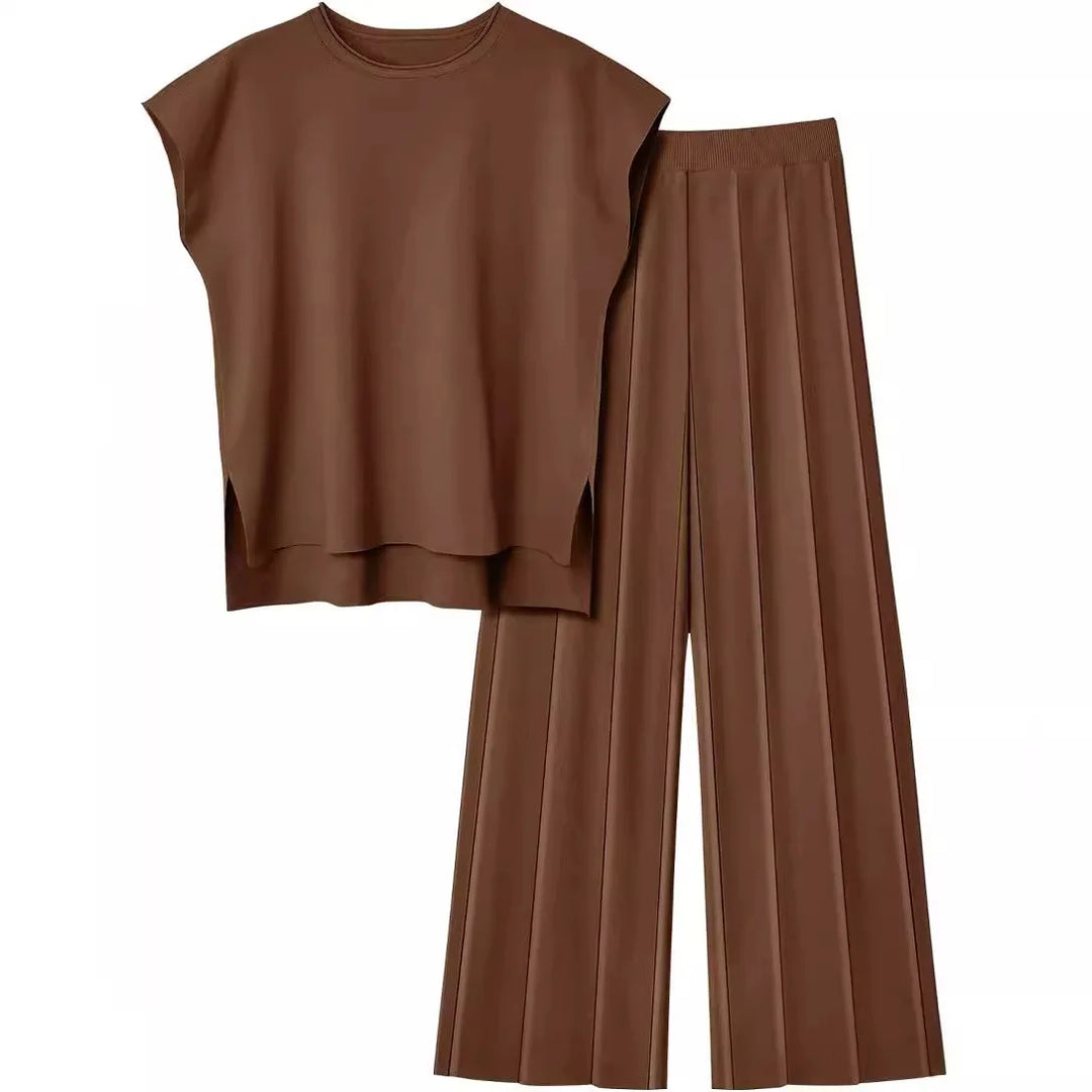 Soft Relaxed Women’s Two-Piece Trouser Set – Sleeveless Round-Neck Knit Top, High-Waist Wide-Leg Trousers For Summer
