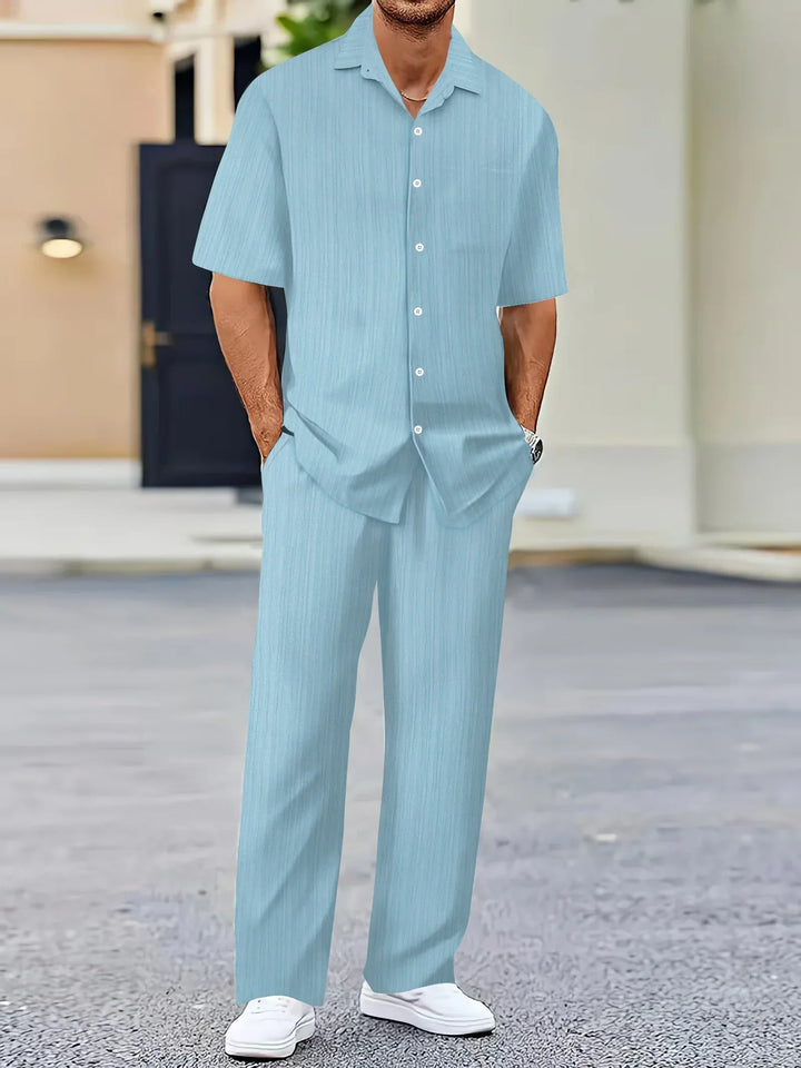 Lightweight Linen Shirt and Trousers Set, Vertical Striped Design, Relaxed Fit for Casual and Semi-Formal Wear