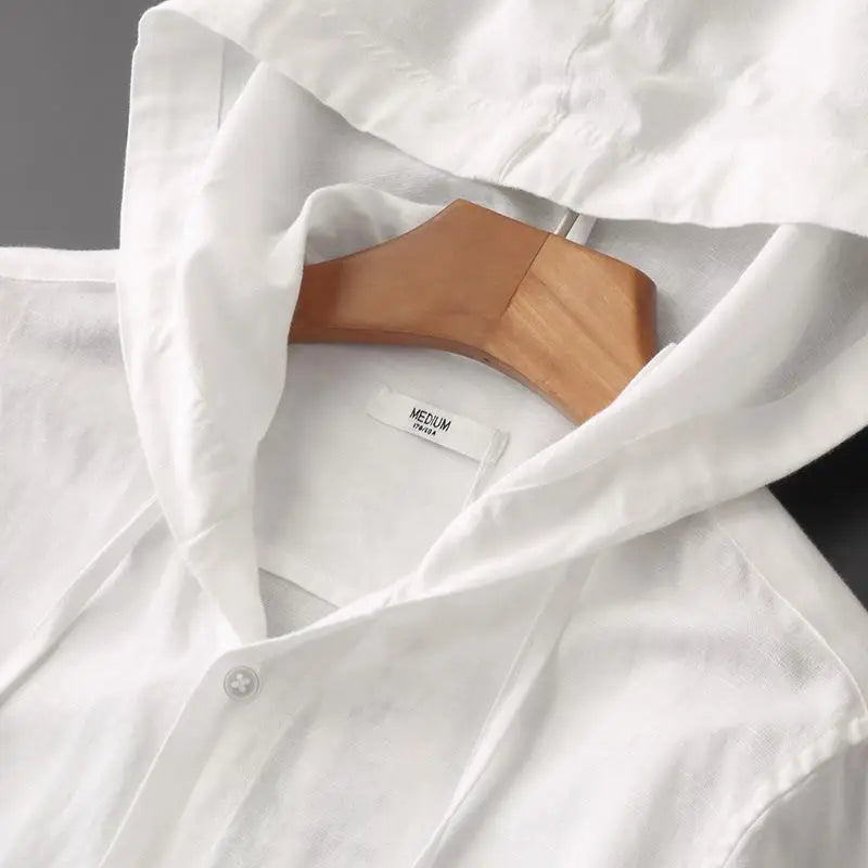 Spring Summer Solid colour Hooded Cotton Hemp Shirt Man Casual Cardigan