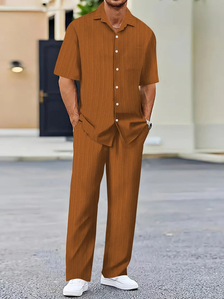 Lightweight Linen Shirt and Trousers Set, Vertical Striped Design, Relaxed Fit for Casual and Semi-Formal Wear