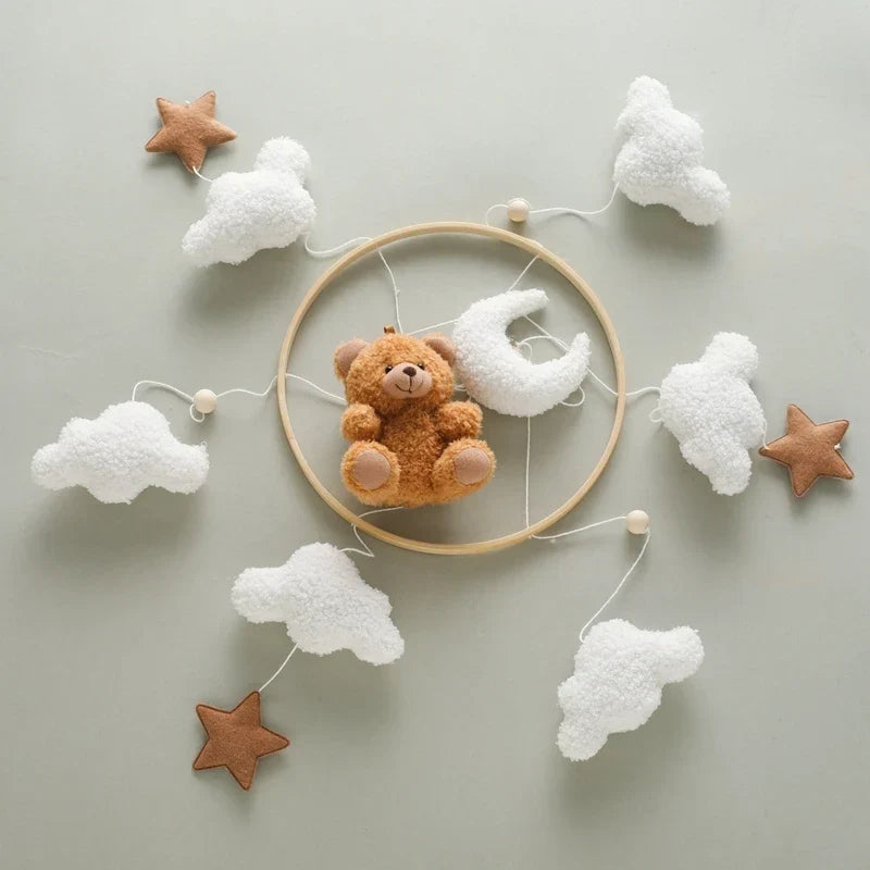 Wooden Crib Mobile Felt Bear Musical Newborn Sensory Toys