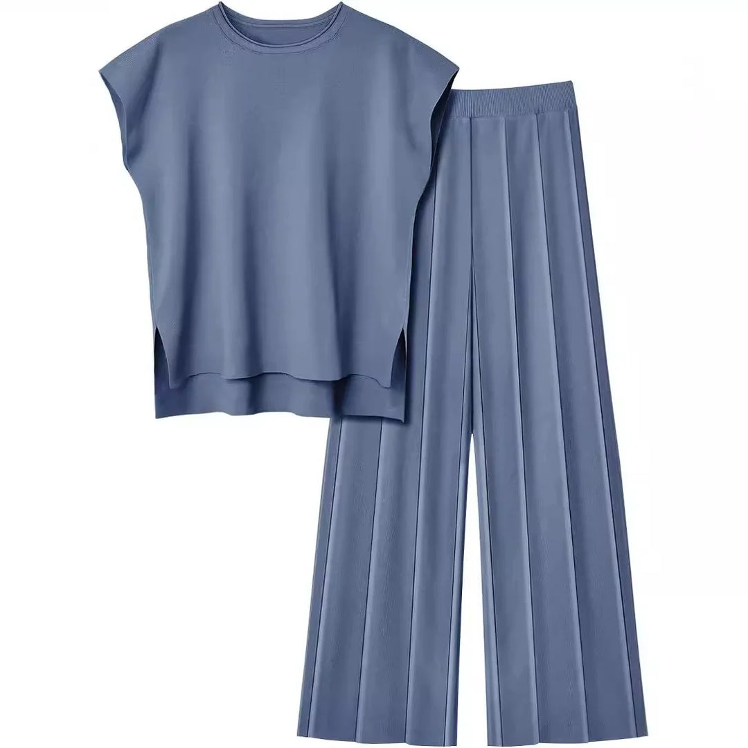 Soft Relaxed Women’s Two-Piece Trouser Set – Sleeveless Round-Neck Knit Top, High-Waist Wide-Leg Trousers For Summer