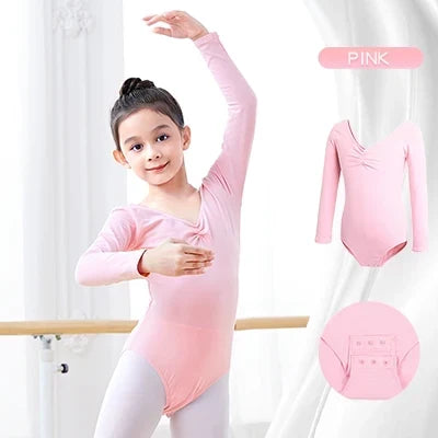 Soft Girls Ballet Leotard – Long Sleeve, Chest-Drawstring, Cotton, For Dance Class