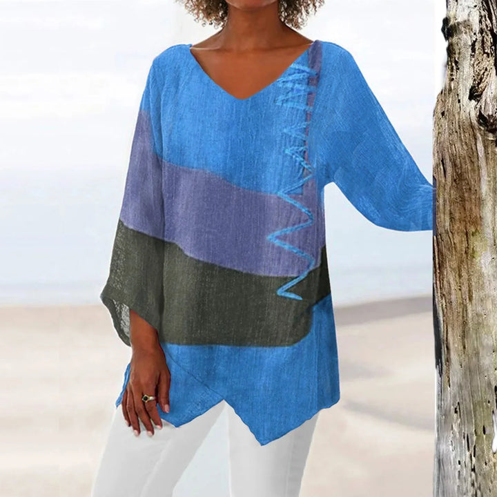 T Shirt Women New Fashion Casual V-Neck Long Sleeve Patchwork Top