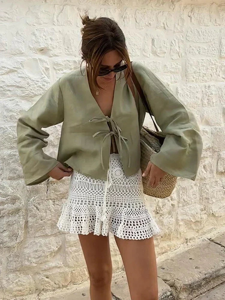 Stylish Long Sleeve Blouse with Openwork V-Neck and Lacing, Breathable Fabric for Spring Fashion