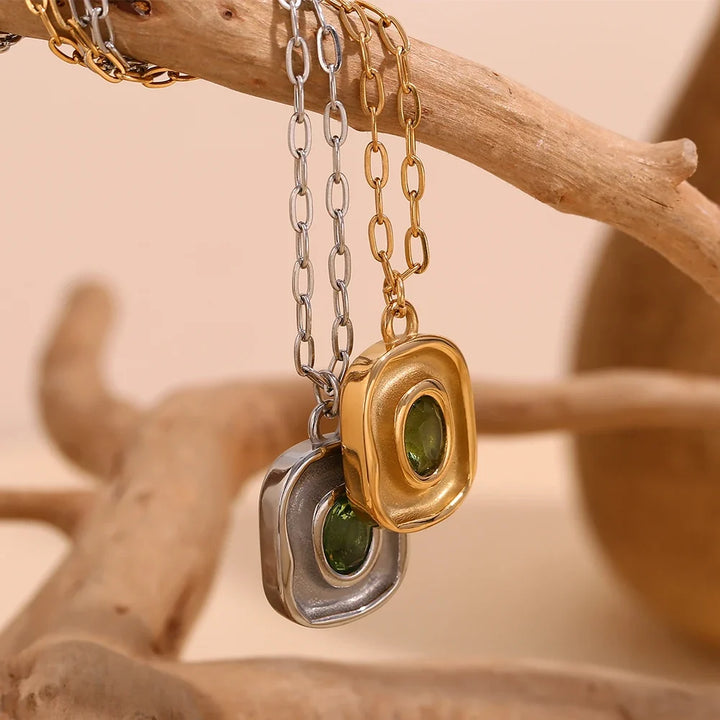 Necklace Green Zircon - Stainless Steel Paperclip Chain, 18K Gold Plated, Hypoallergenic Waterproof jewellery Fall 2026 Gift