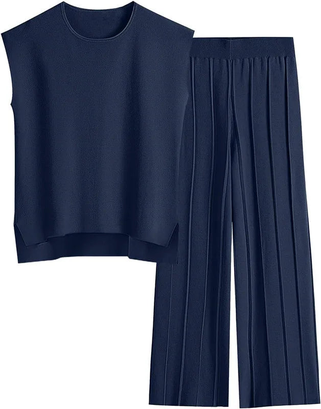 Soft Relaxed Women’s Two-Piece Trouser Set – Sleeveless Round-Neck Knit Top, High-Waist Wide-Leg Trousers For Summer