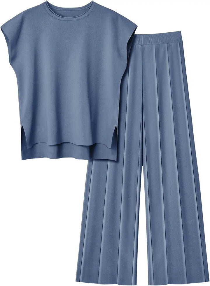 Soft Relaxed Women’s Two-Piece Trouser Set – Sleeveless Round-Neck Knit Top, High-Waist Wide-Leg Trousers For Summer