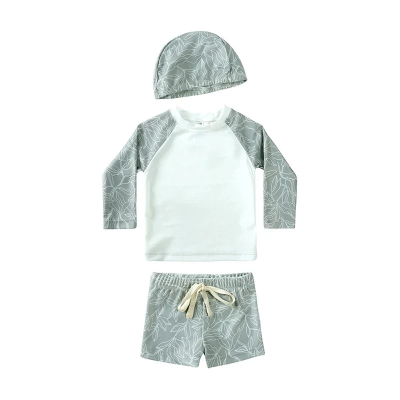 Quick-dry Unisex Baby Swimwear 2-Piece Set – Long-Sleeve Rash Guard Top, Shorts, Polyester, Summer Beachwear