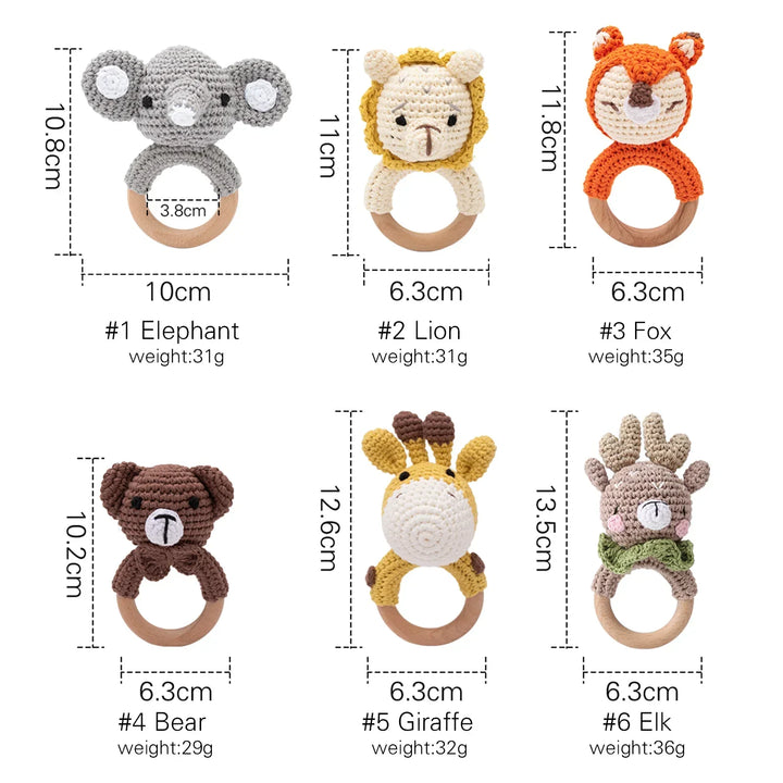 Wooden Crochet Animal Teether Rattle Newborn Sensory Toys