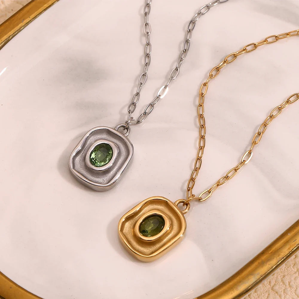 Necklace Green Zircon - Stainless Steel Paperclip Chain, 18K Gold Plated, Hypoallergenic Waterproof jewellery Fall 2026 Gift