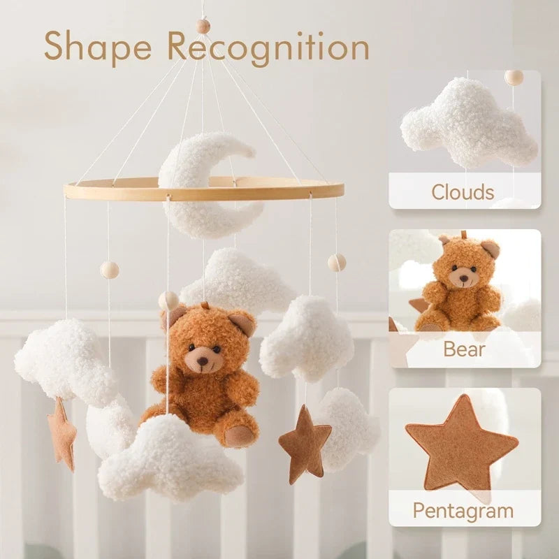 Wooden Crib Mobile Felt Bear Musical Newborn Sensory Toys