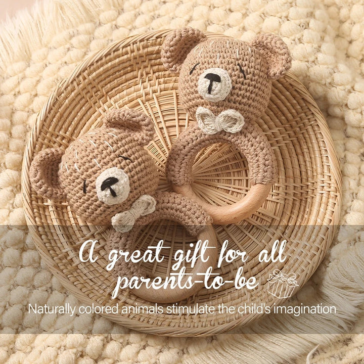 Crochet Bear Teether Rattle Ring Newborn Sensory Toys