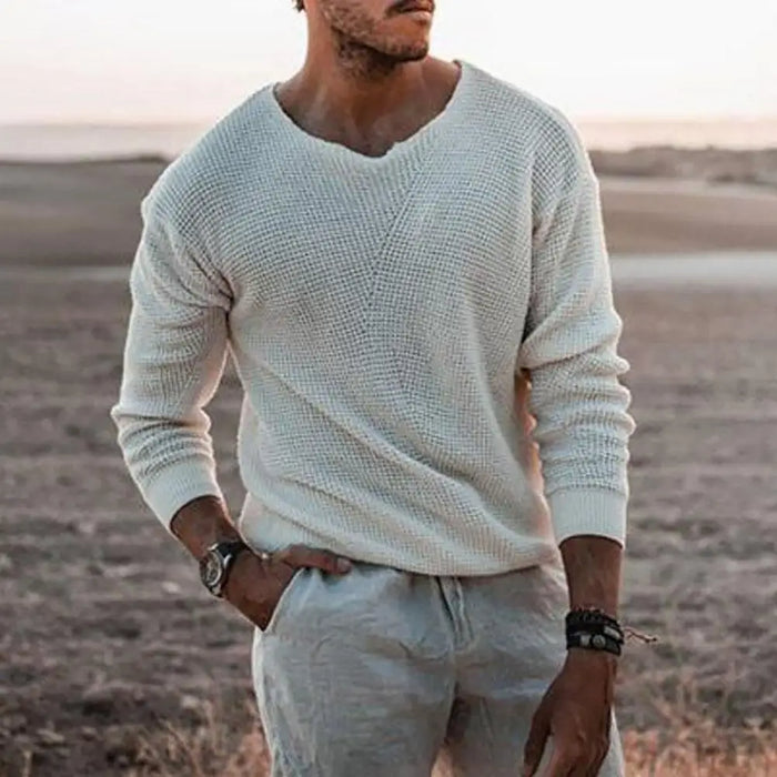 Spring Men Jumper V Neck Long Sleeve Soft Slim Casual Knitted Pullover