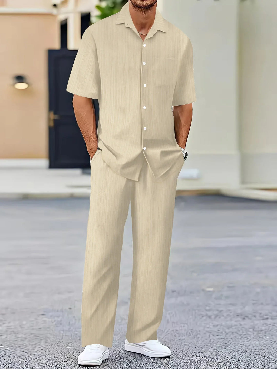 Lightweight Linen Shirt and Trousers Set, Vertical Striped Design, Relaxed Fit for Casual and Semi-Formal Wear