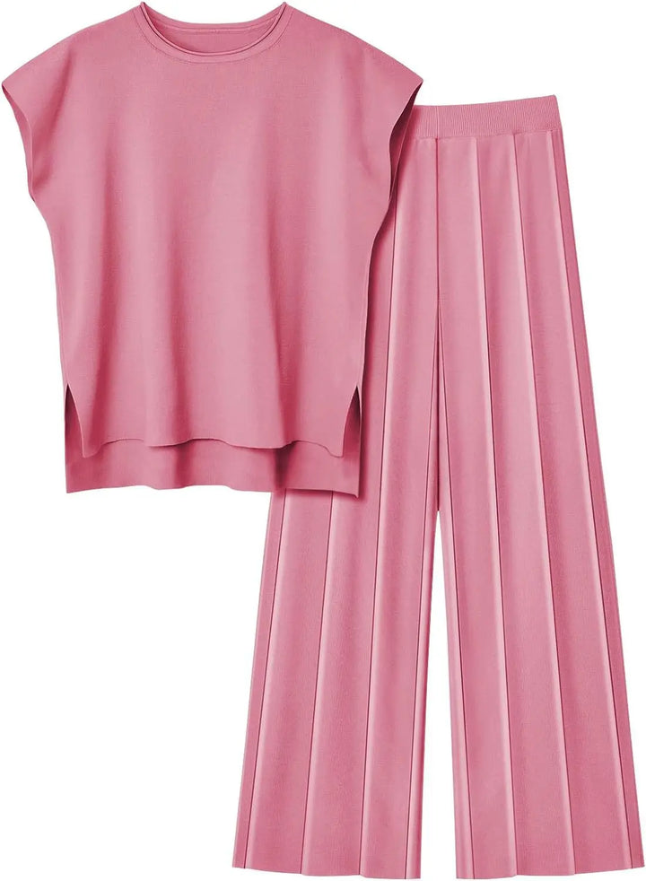 Soft Relaxed Women’s Two-Piece Trouser Set – Sleeveless Round-Neck Knit Top, High-Waist Wide-Leg Trousers For Summer