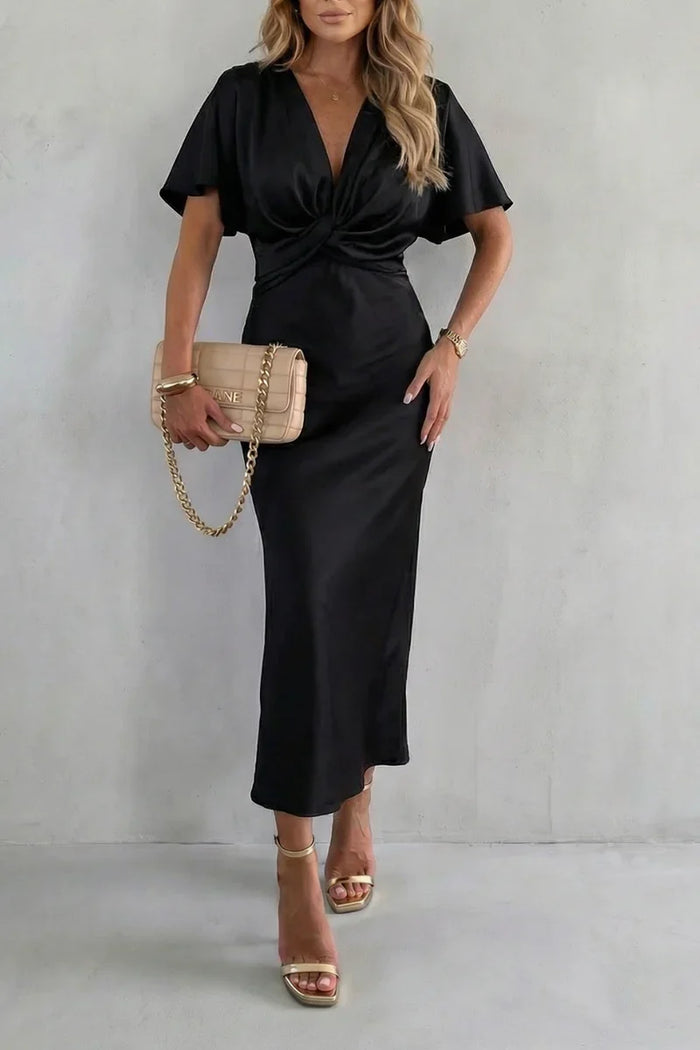 Fitted women's long dress – V-neck cross-junction, for after-work and evening events