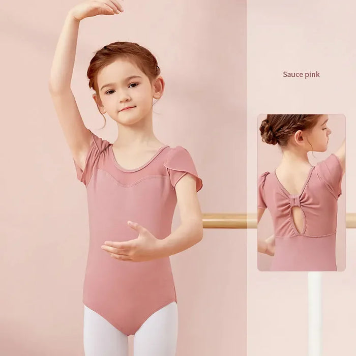 Stretchy girls' ballet leotard - short sleeve, back bow detail, cotton-elastane, for dance class