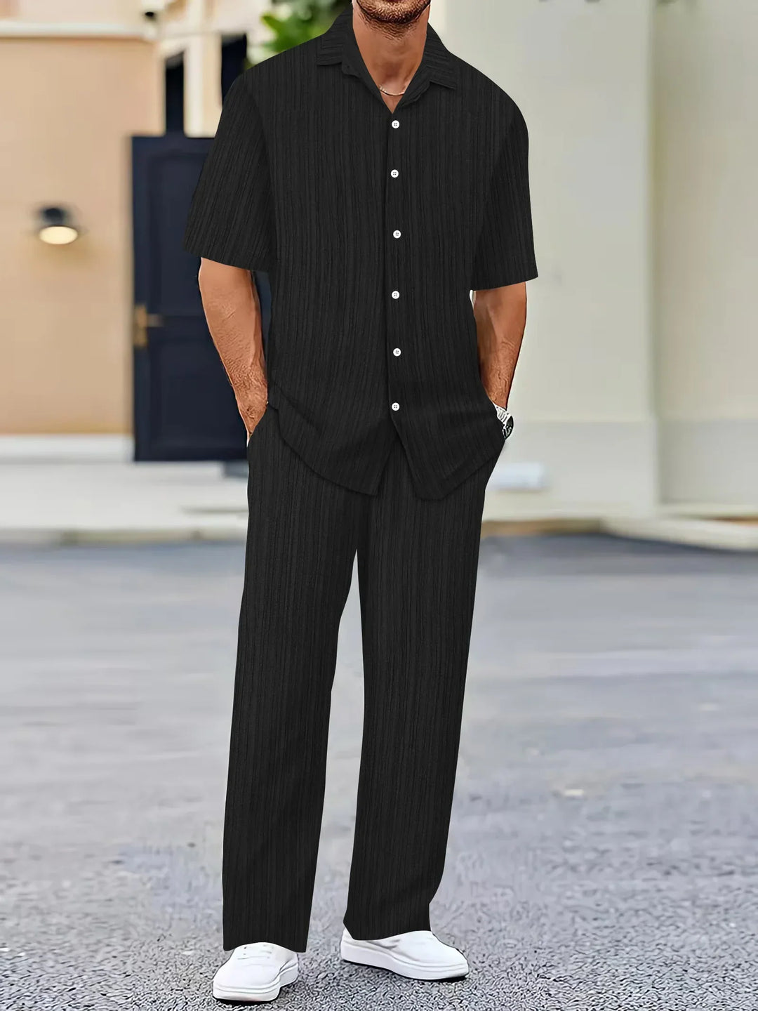 Lightweight Linen Shirt and Trousers Set, Vertical Striped Design, Relaxed Fit for Casual and Semi-Formal Wear