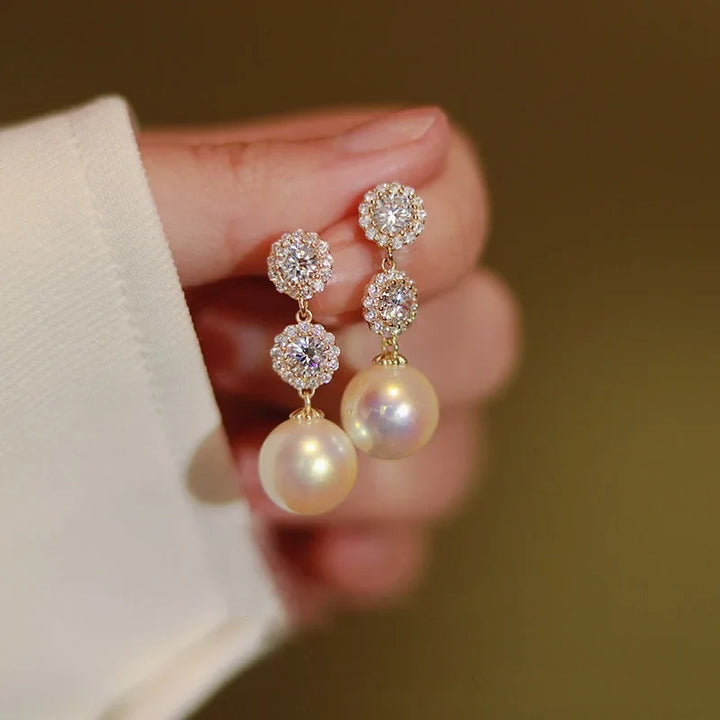 Crystal Flower Earrings Pearl Drop Gold Tone – Korean Style Party jewellery, Fall 2026 Gift Idea