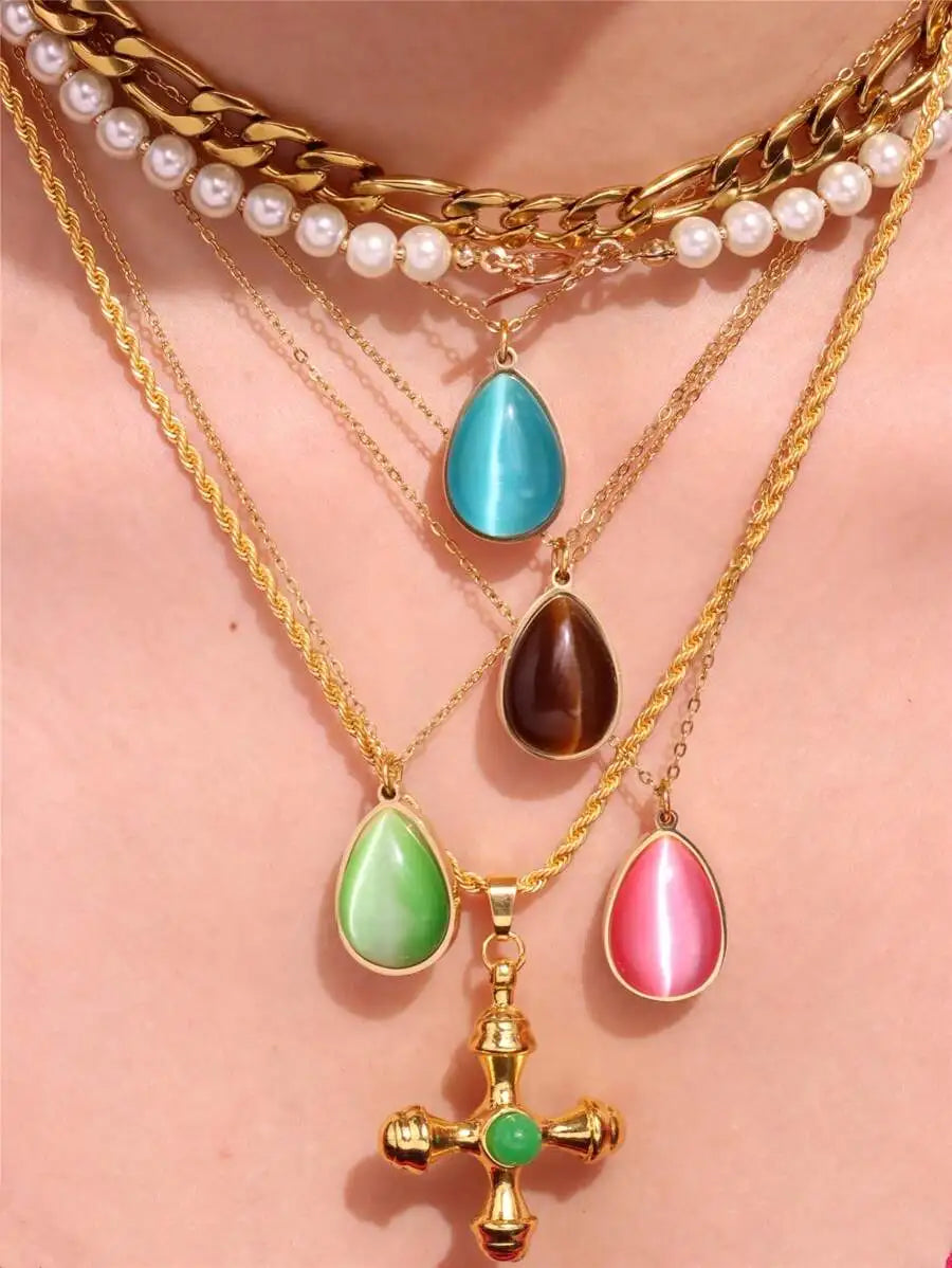 Layered Gold Tone Necklace Set With Resin Stone Pendants Boho Statement jewellery Gift Idea Fall 2026