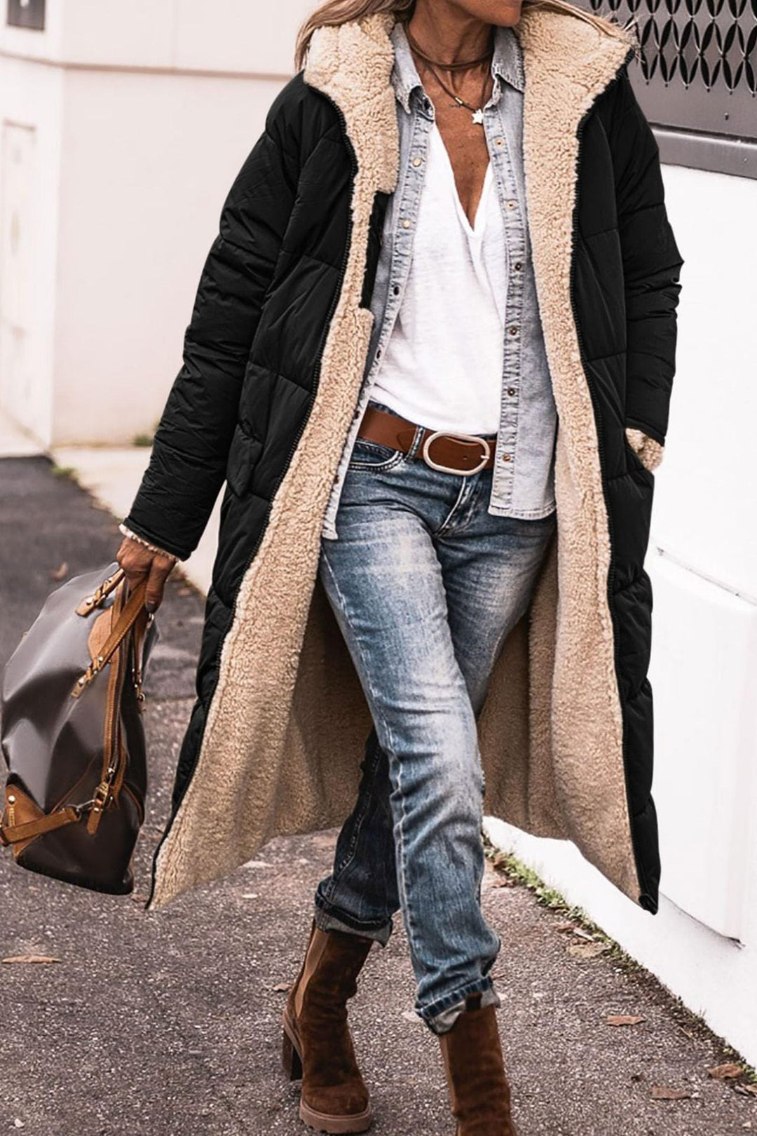 Warm Women’s Reversible Long Coat - Quilted Sherpa Hooded