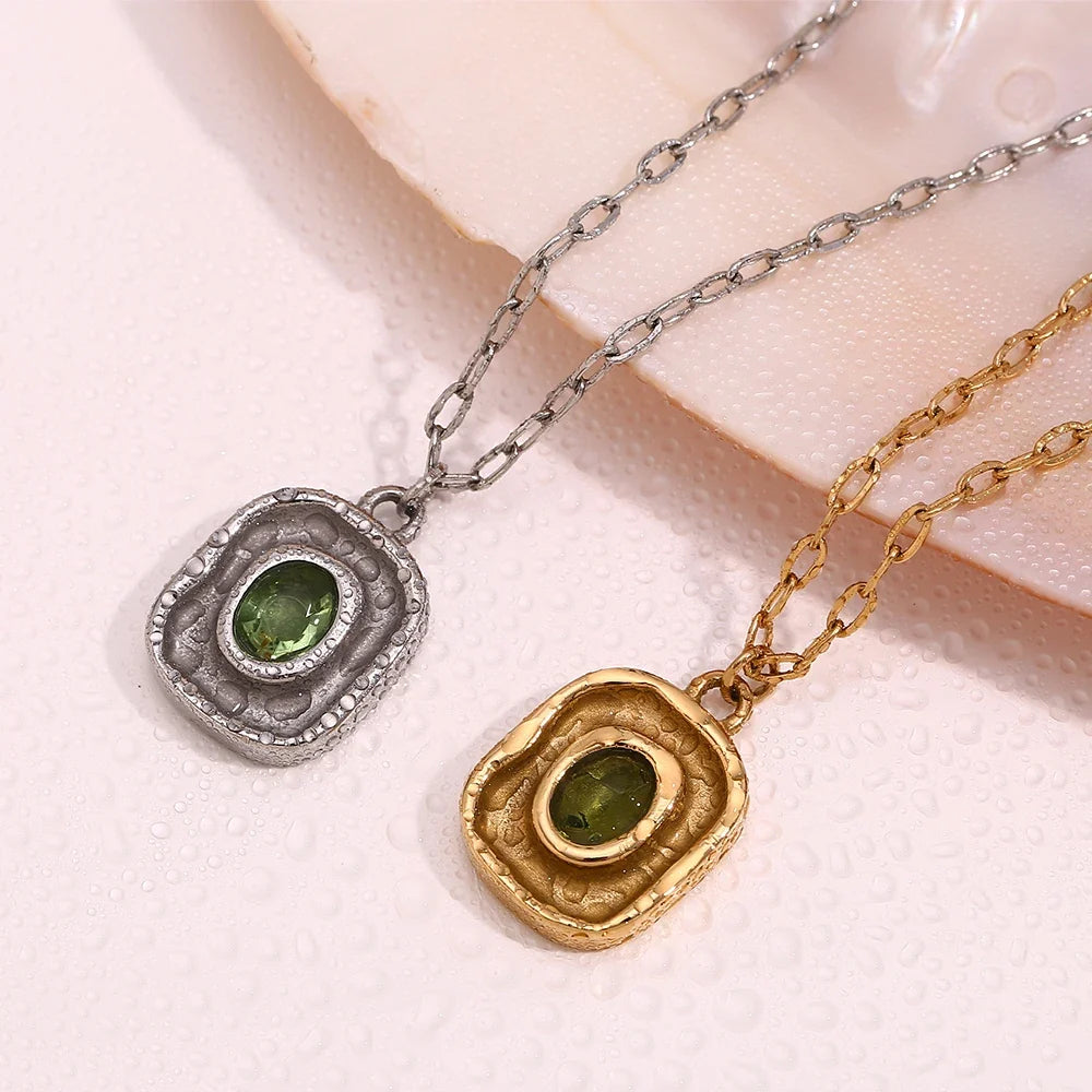 Necklace Green Zircon - Stainless Steel Paperclip Chain, 18K Gold Plated, Hypoallergenic Waterproof jewellery Fall 2026 Gift