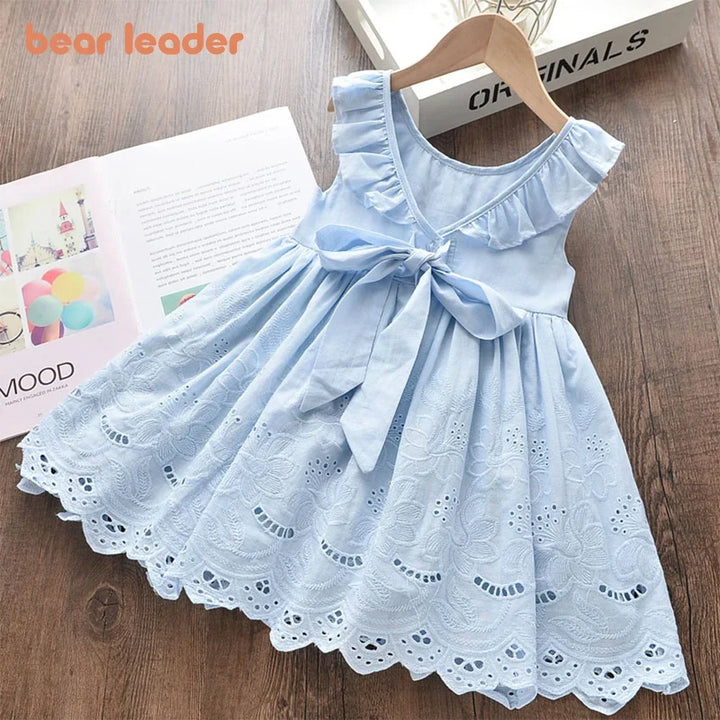 Lightweight girls’ dress – knee-length, floral eyelet, cotton, for parties and celebrations