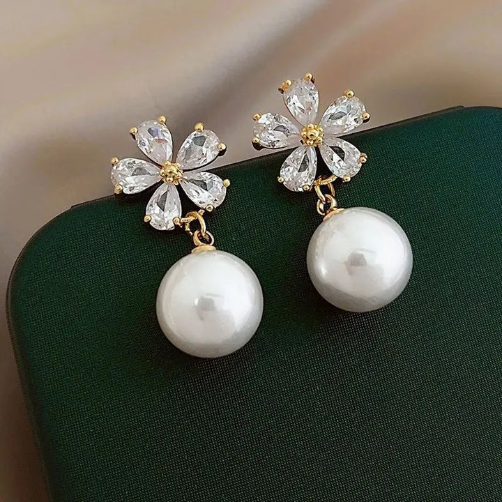 Crystal Flower Earrings Pearl Drop Gold Tone – Korean Style Party jewellery, Fall 2026 Gift Idea