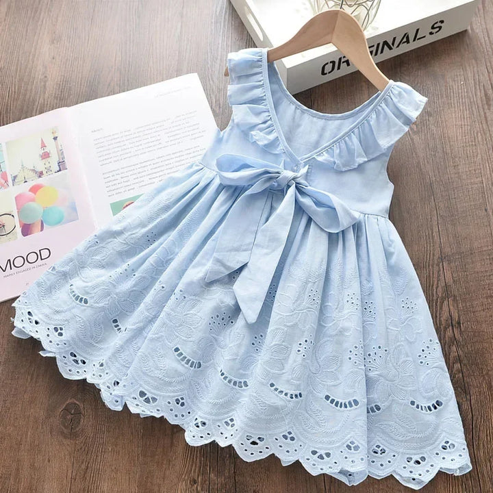 Lightweight girls’ dress – knee-length, floral eyelet, cotton, for parties and celebrations