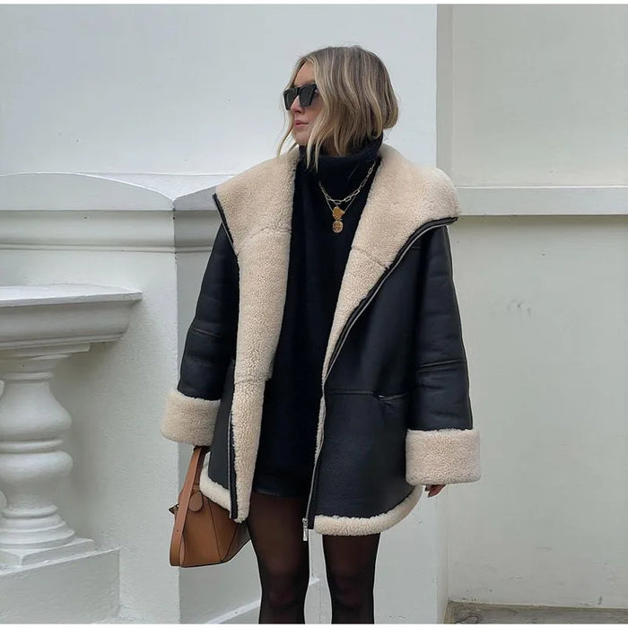 Warm Oversized Women's Jacket - Shearling Faux Leather