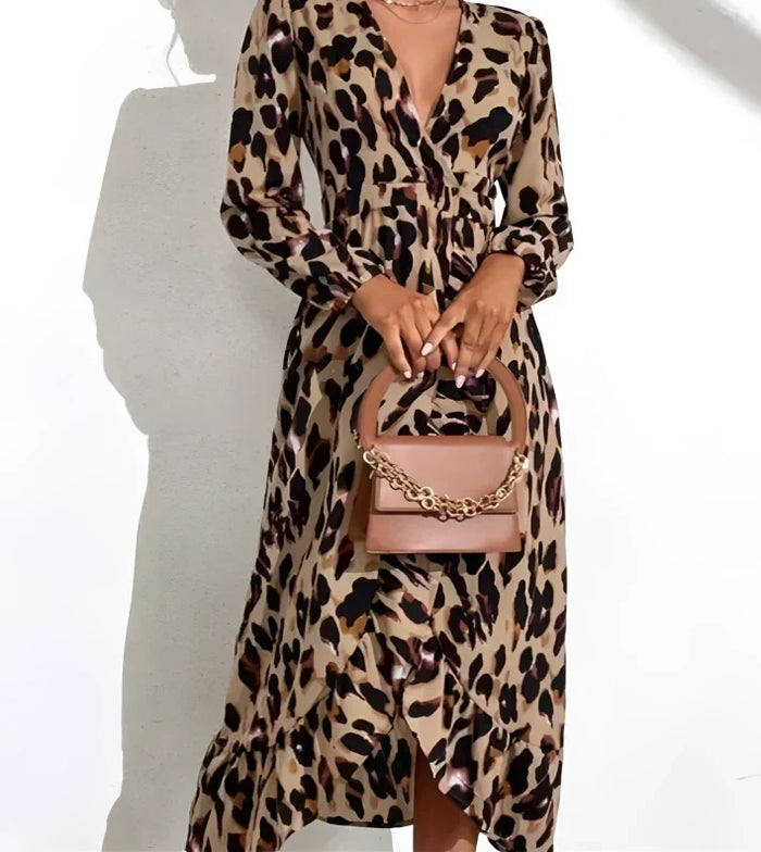 V-Neck A-Line Long Sleeve Midi Dress with Leopard Print for Women, Stylish Casual Cotton Blend