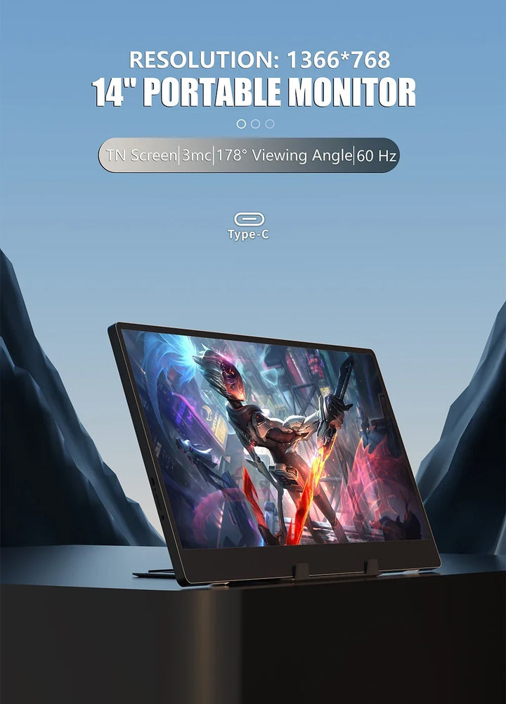 Portable Monitor 14 Inch 60Hz Travel Display With Speakers
