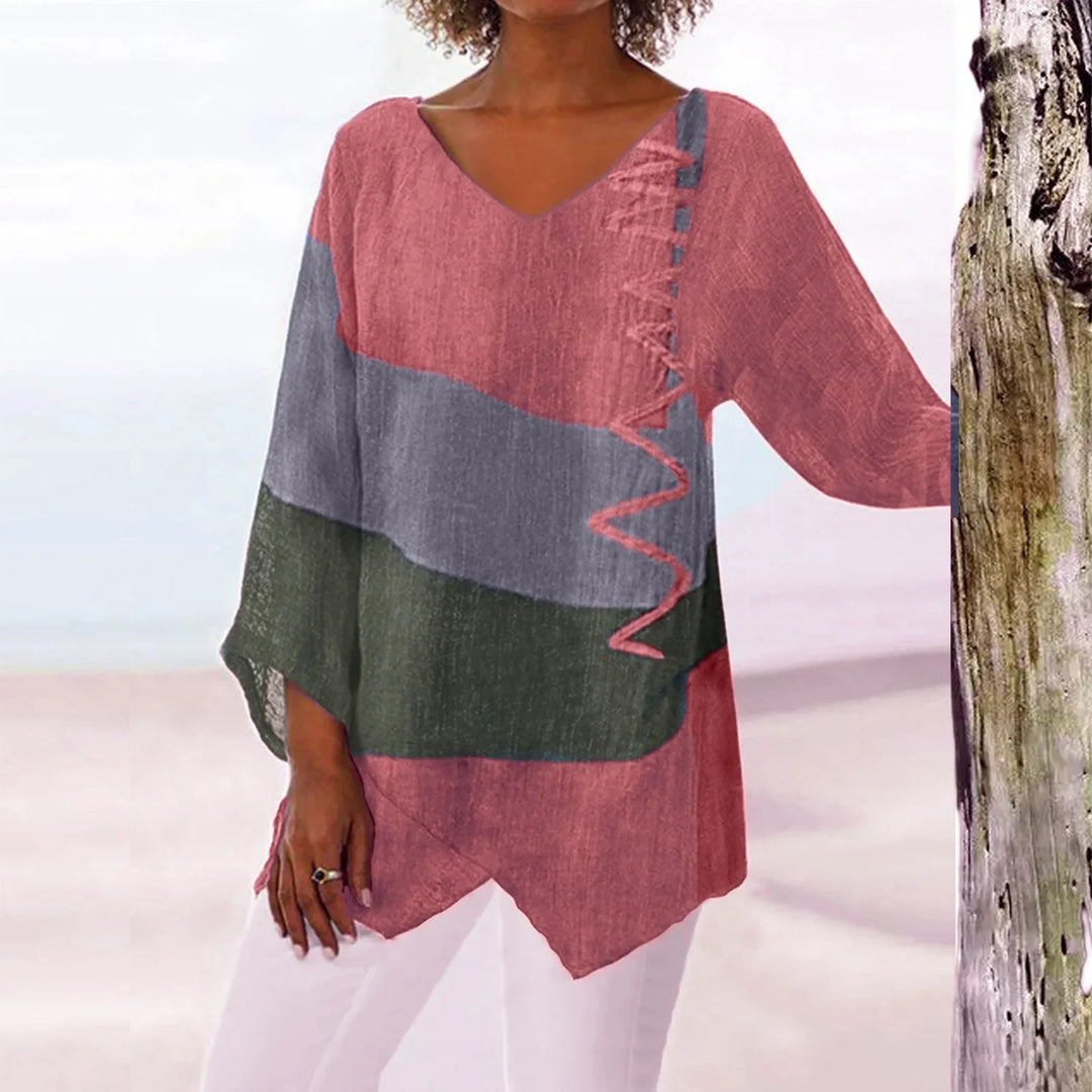 T Shirt Women New Fashion Casual V-Neck Long Sleeve Patchwork Top